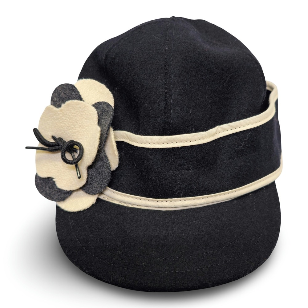 Stormy Kromer Ida Cap Women 6 3/4 Black Cream Good Wool Ear Flap Flower Hat